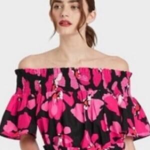 Who What Wear Linen Blend Off Shoulder Top Hot Pink Floral Size Small